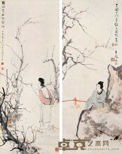 沈子丞 孙雪泥 人物双屏条 屏条 68×26cm×2